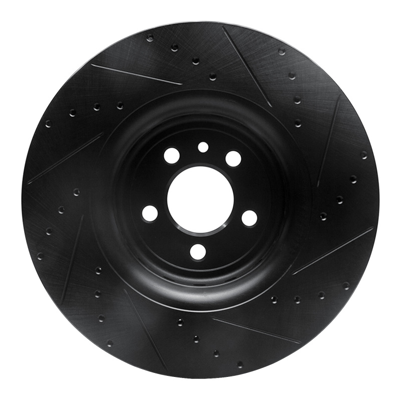 Picture of R1 14-23 Dodge Charger Front Left Drilled & Slotted Black Brake Rotor