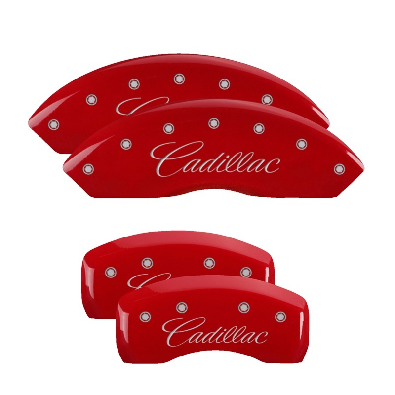 Picture of MGP 4 Caliper Covers Engraved Front & Rear Cursive/Cadillac Red finish silver ch