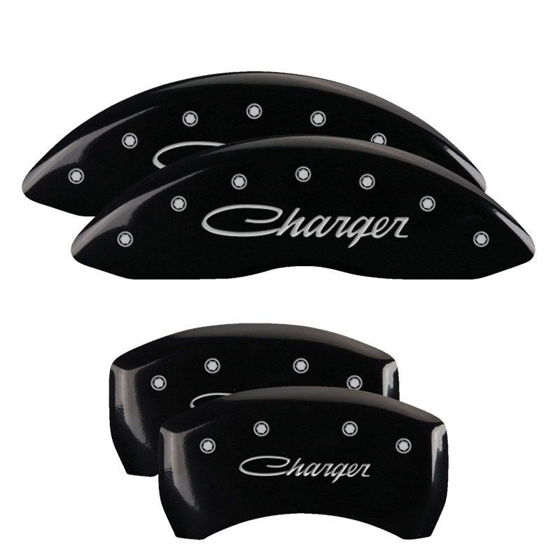 Picture of MGP 4 Caliper Covers Engraved Front & Rear Cursive/Charger Black finish silver ch
