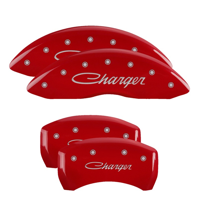 Picture of MGP 4 Caliper Covers Engraved Front & Rear Cursive/Charger Red finish silver ch