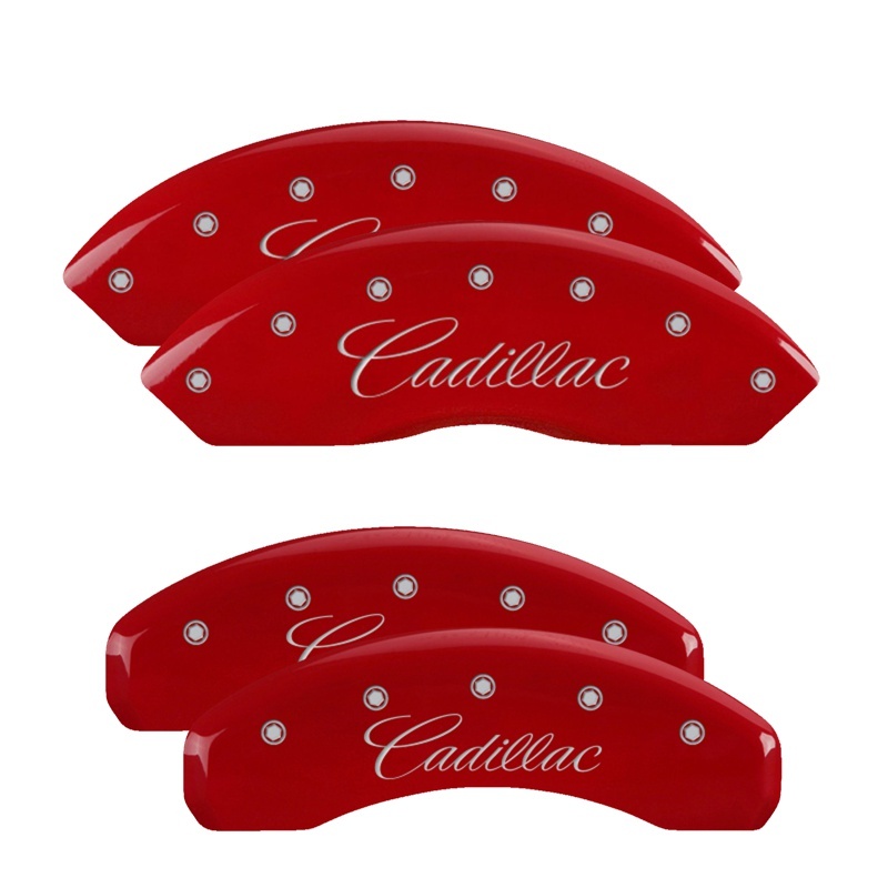 Picture of MGP 4 Caliper Covers Engraved Front & Rear Cursive/Cadillac Red finish silver ch