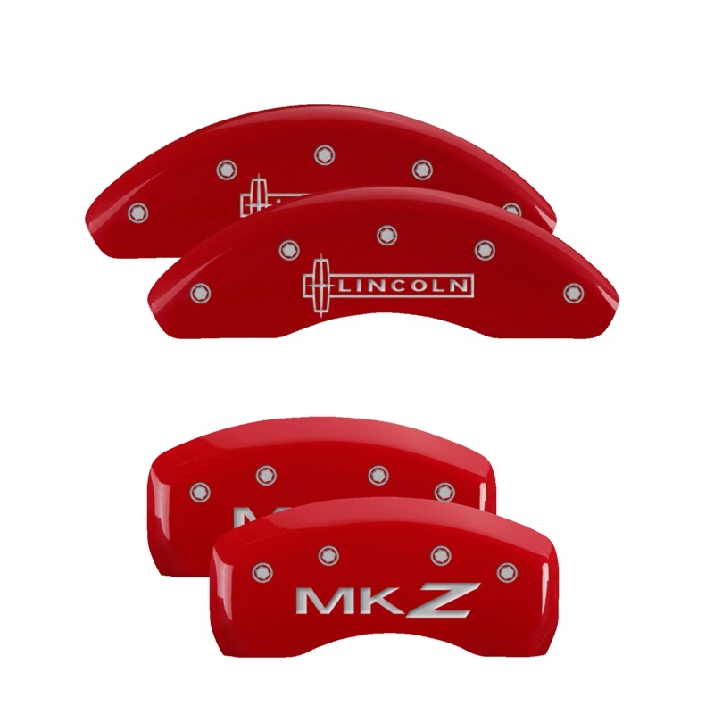 Picture of MGP 4 Caliper Covers Engraved Front Lincoln Engraved Rear MKZ Red finish silver ch