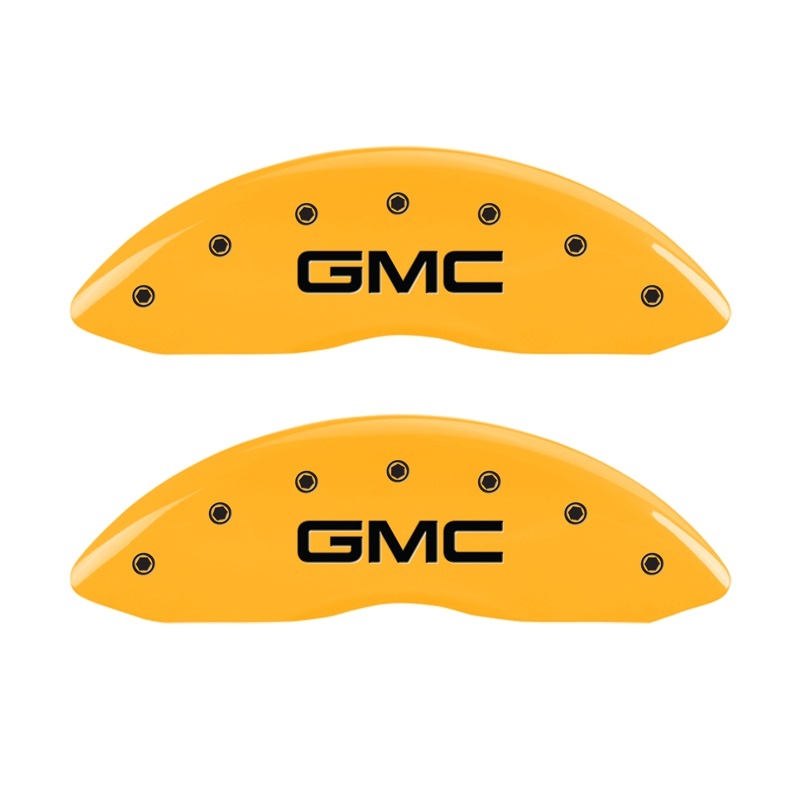 Picture of MGP Front set 2 Caliper Covers Engraved Front GMC Yellow finish black ch