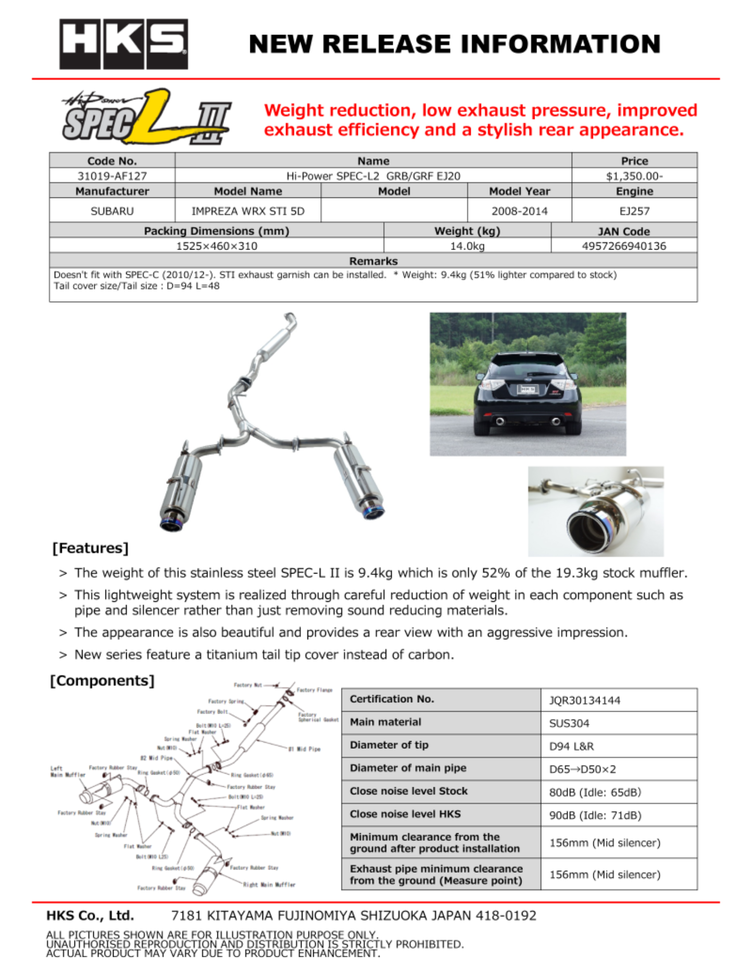 Picture of HKS Exhaust-Hi-Power Catback - 31019-AF127