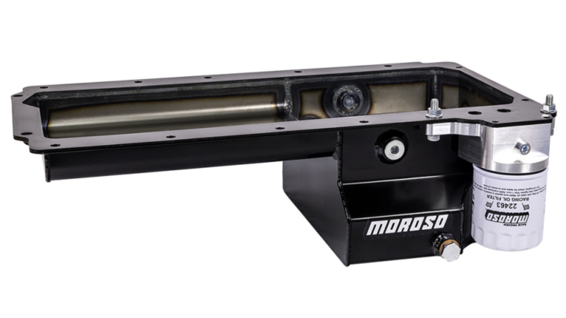 Picture of Moroso GM LS Early F-Body (Road Race) Spin-On Filter Drain Back Rear Sump Steel Oil Pan - Black