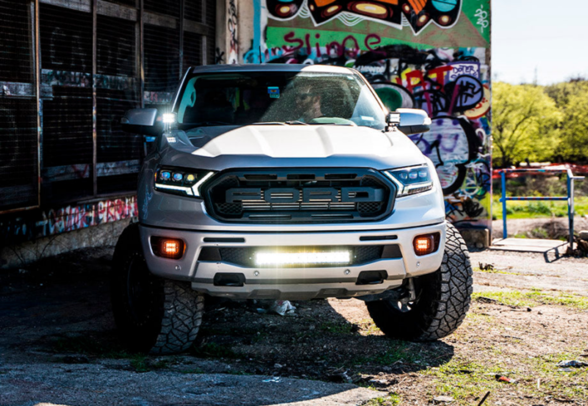 Picture of Cali Raised 19-22 Ford Ranger 22 Bumper Hidden Led Light Bar Brackets Kit For - W/ 22 Inch Led Bar