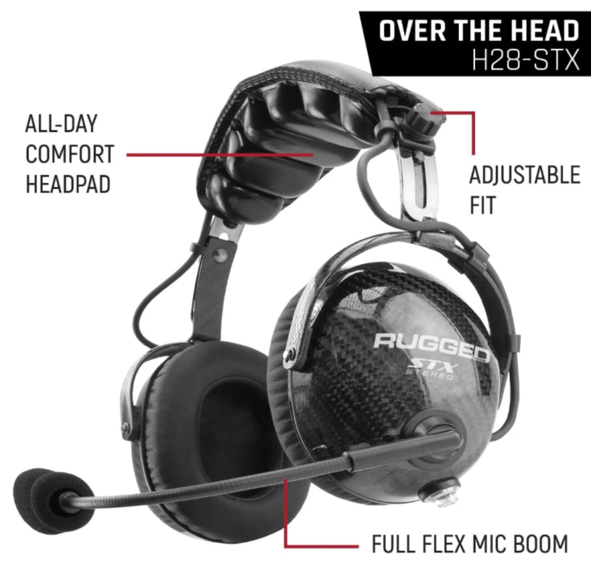 Picture of Rugged Radios AlphaBass Carbon Fiber Headset for STEREO and OFFROAD Intercoms Over The Head