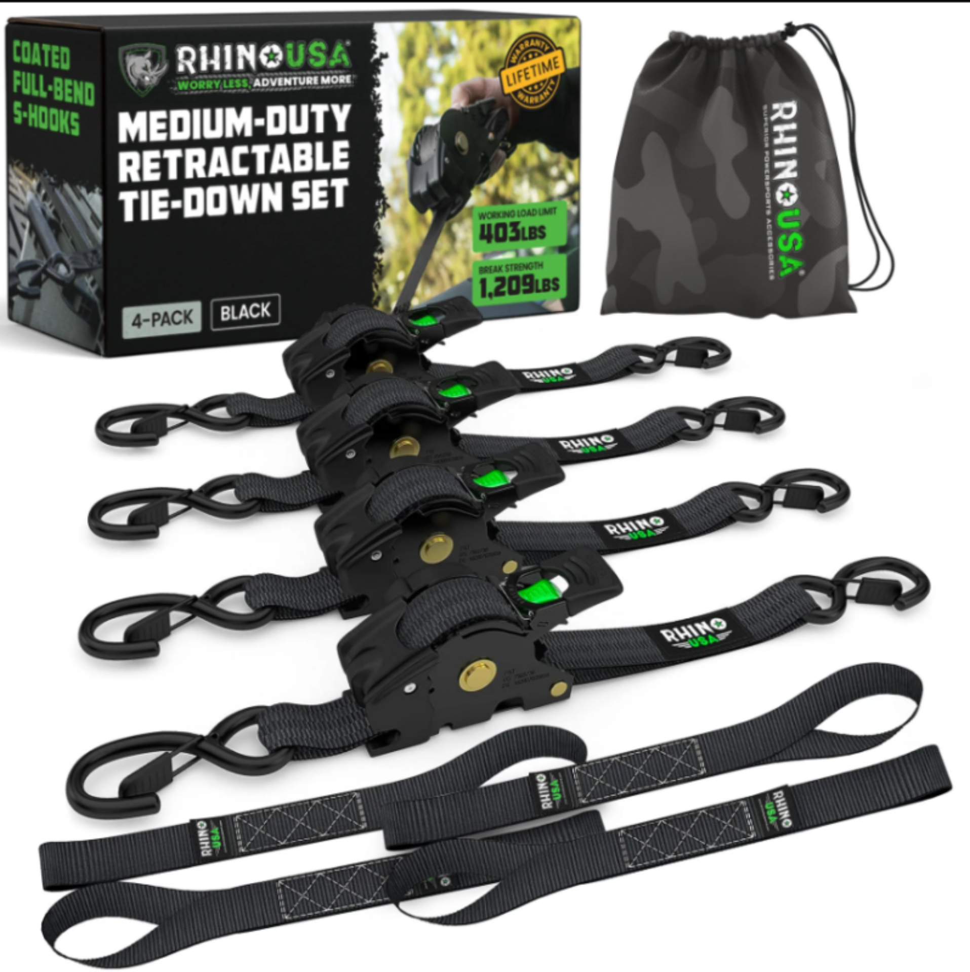 Picture of Rhino USA Retractable Ratchet Straps (2Pk 1Inx10Ft) Green