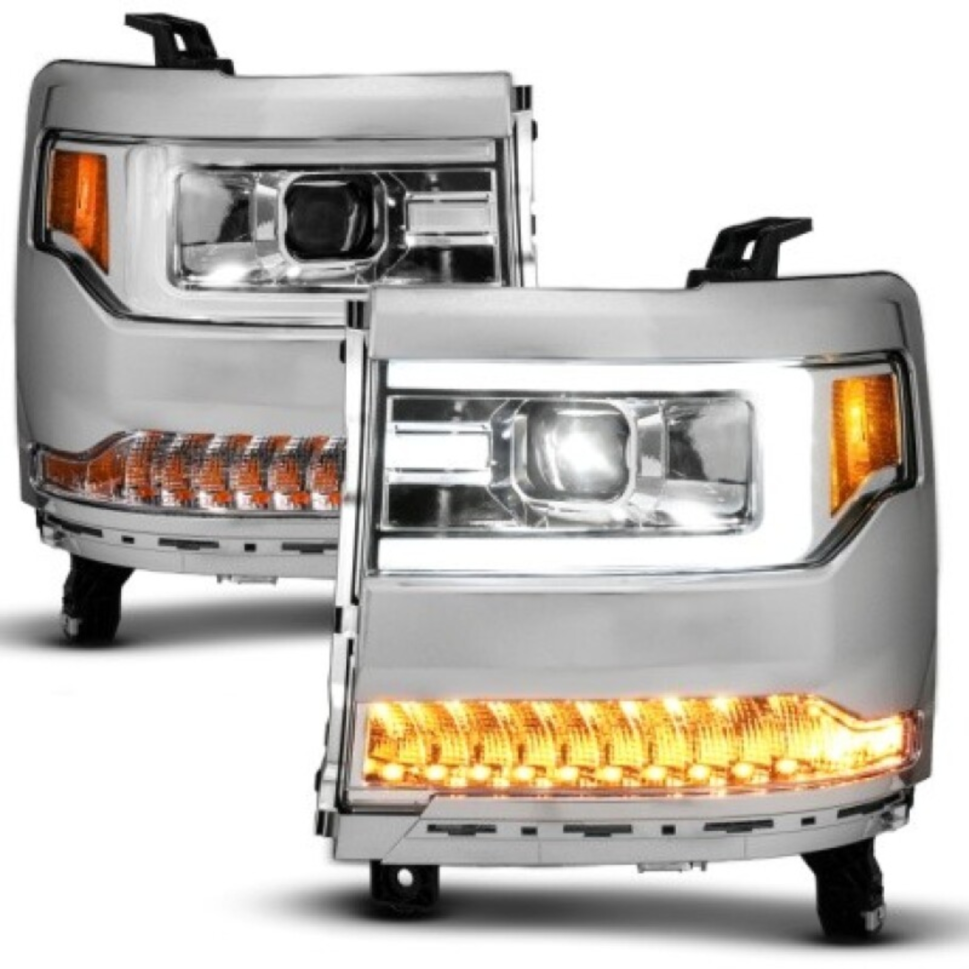 Picture of ANZO 16-18 Chevy Silverado1500 (Factory HID Models) LED Prj Light Bar Style Headlights Chrome - Pair