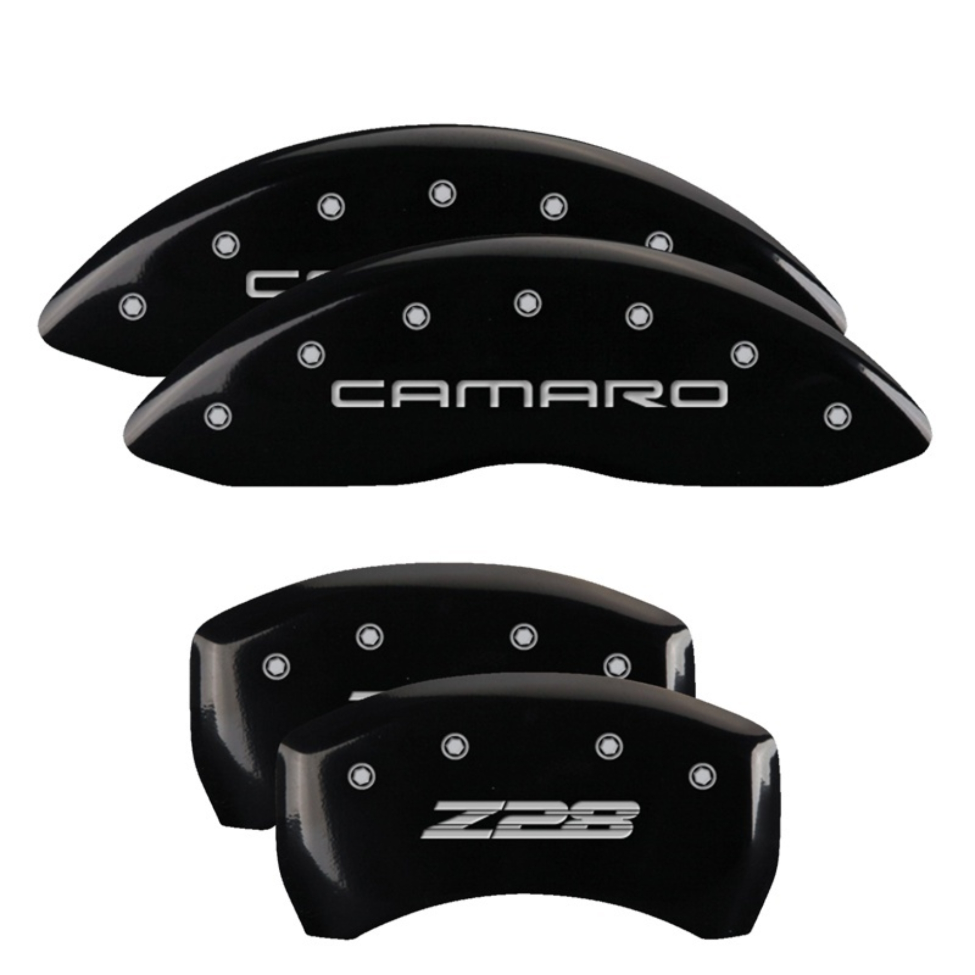 Picture of MGP 4 Caliper Covers Engraved Front Gen 4/Camaro Engraved Rear Gen 4/Z28 Black finish silver ch