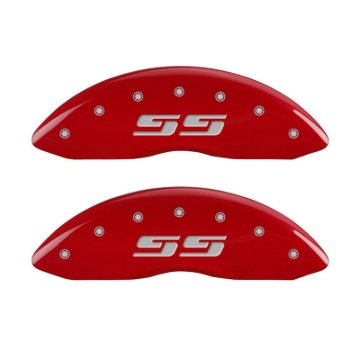 Picture of MGP Front set 2 Caliper Covers Engraved Front Silverado style/SS Red finish silver ch