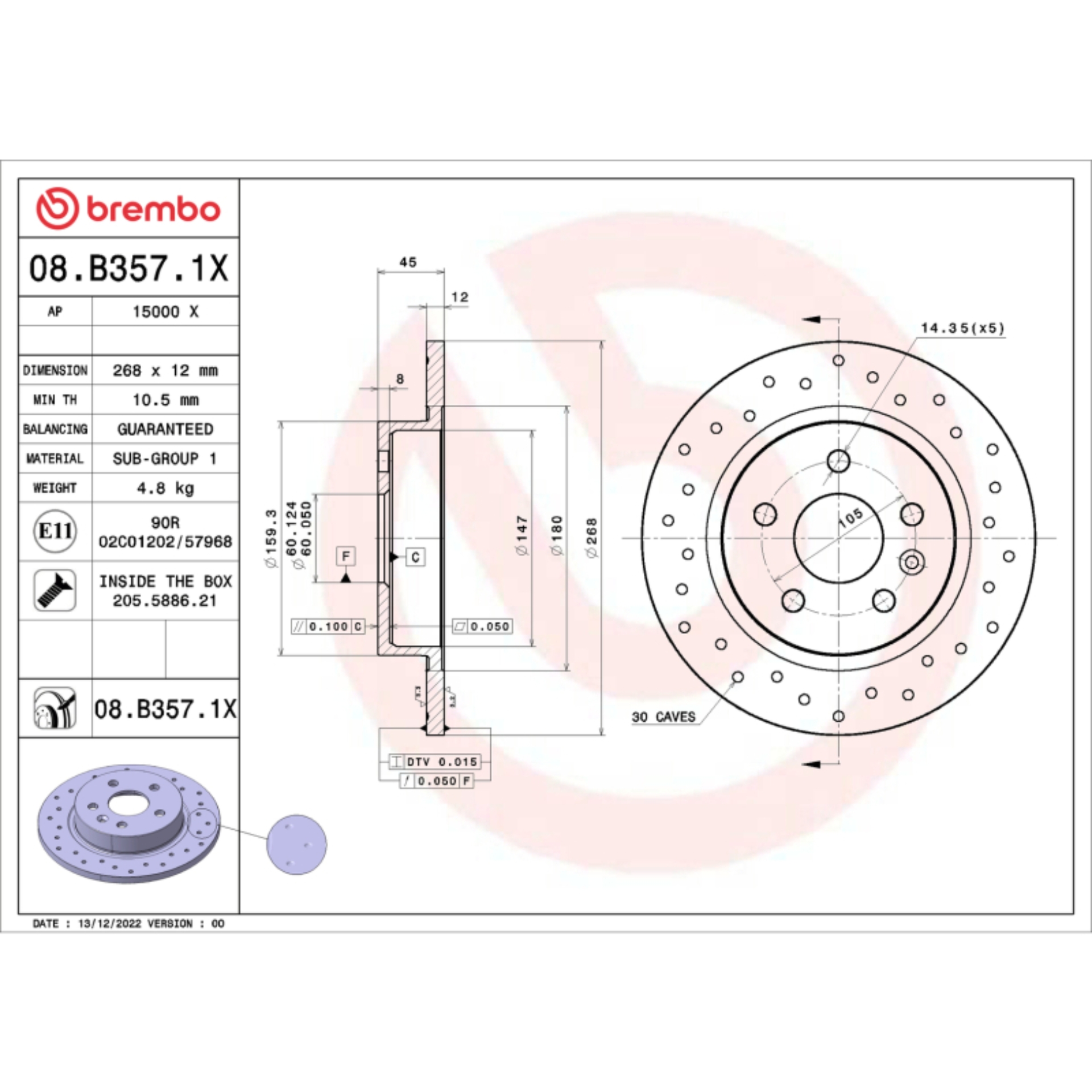Picture of Brembo OE 2015 Chevrolet Cruze Drilled Xtra Brake Disc - Rear