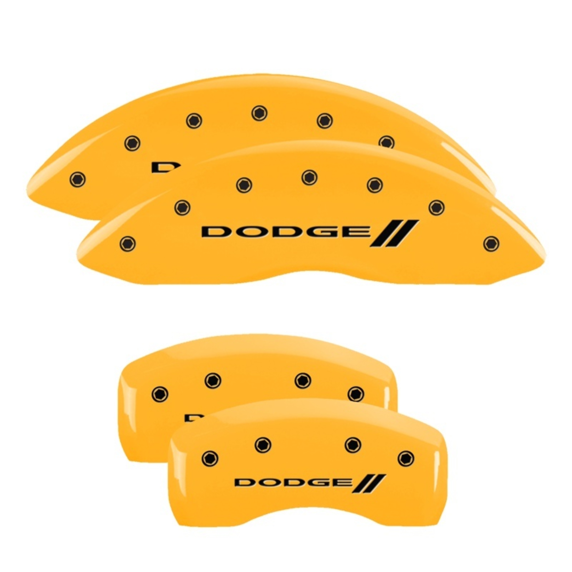 Picture of MGP 4 Caliper Covers Engraved Front & Rear With stripes/Dodge Yellow finish black ch