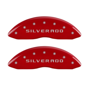 Picture of MGP Front set 2 Caliper Covers Engraved Front Silverado Red finish silver ch