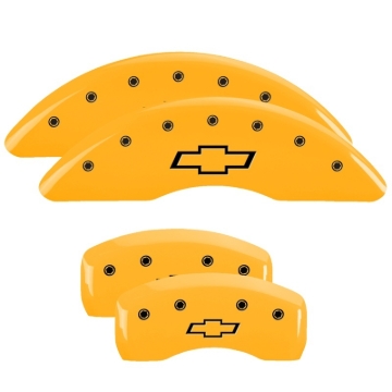 Picture of MGP 4 Caliper Covers Engraved Front & Rear Bowtie Yellow finish black ch