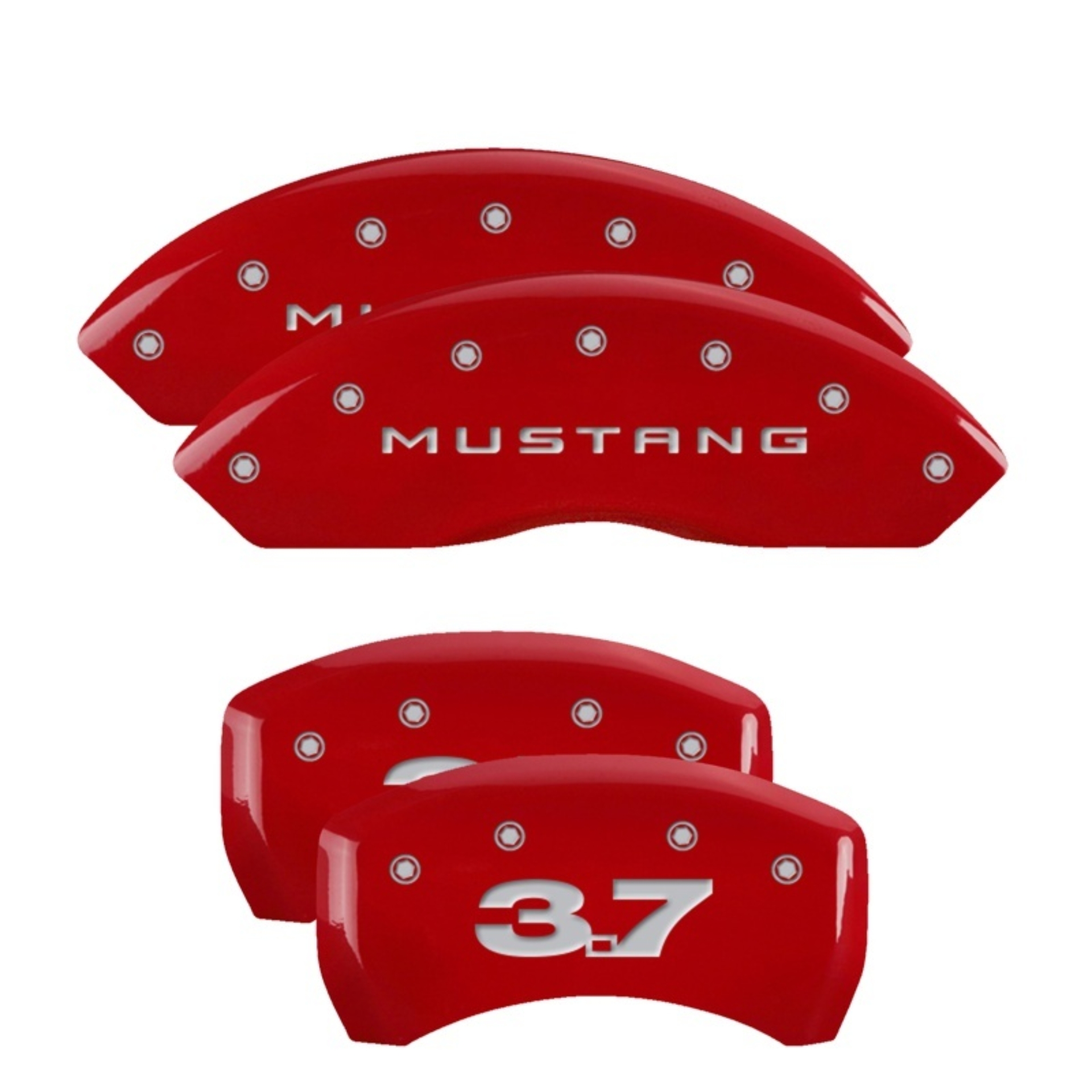 Picture of MGP 4 Caliper Covers Engraved Front Mustang Engraved Rear 37 Red finish silver ch