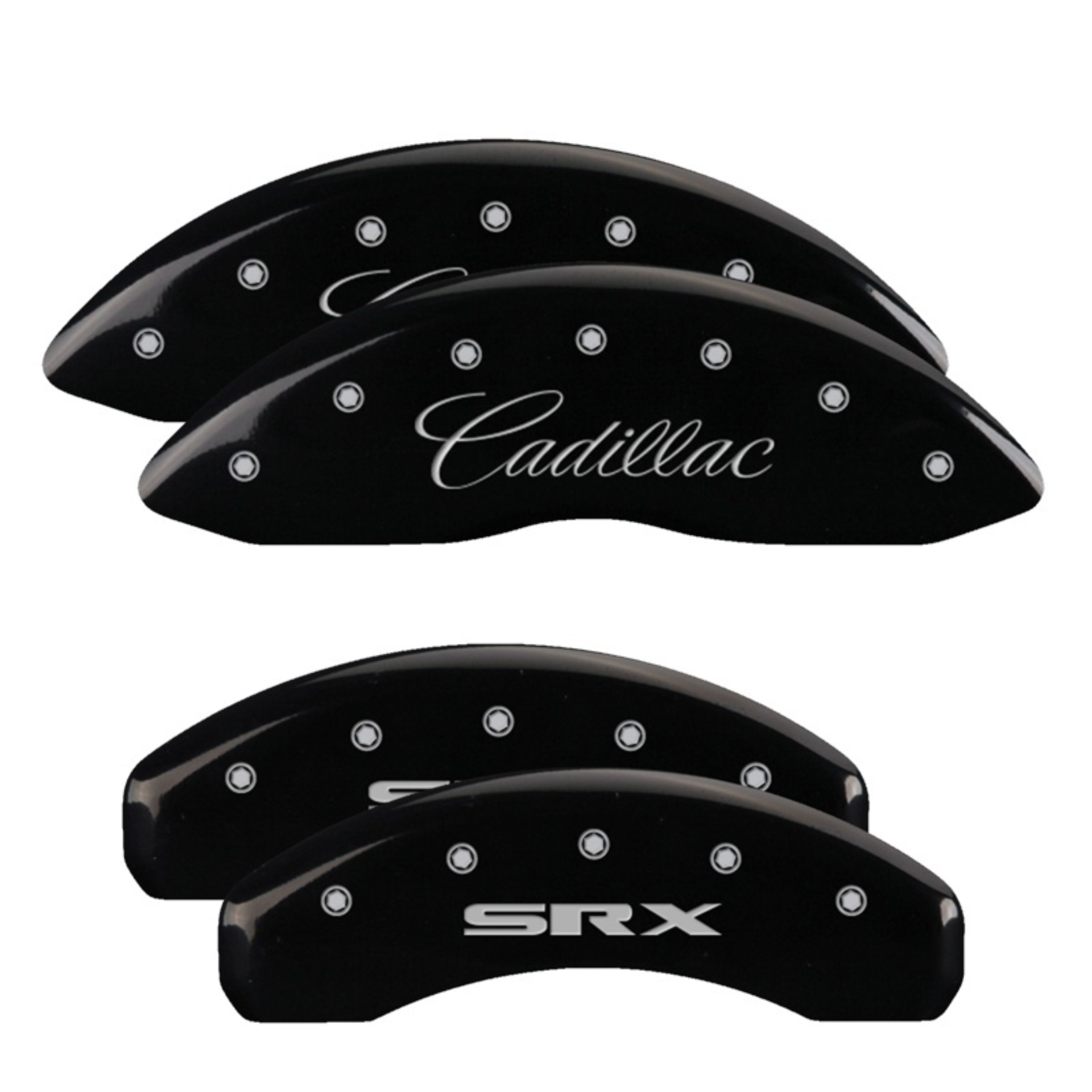 Picture of MGP 4 Caliper Covers Engraved Front Cursive/Cadillac Engraved Rear SRX Black finish silver ch