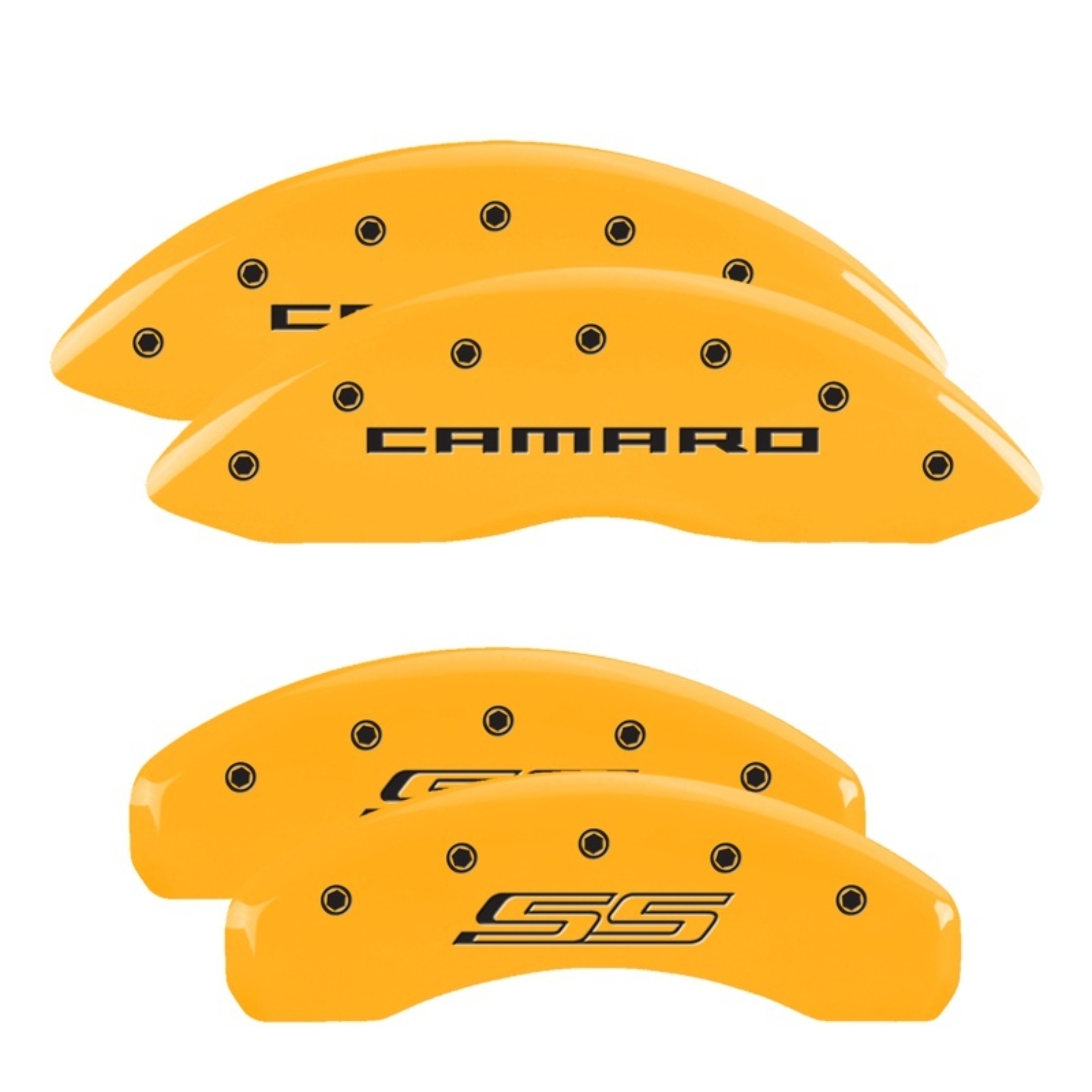 Picture of MGP 4 Caliper Covers Engraved Front Gen 5/Camaro Engraved Rear Gen 5/SS Yellow finish black ch