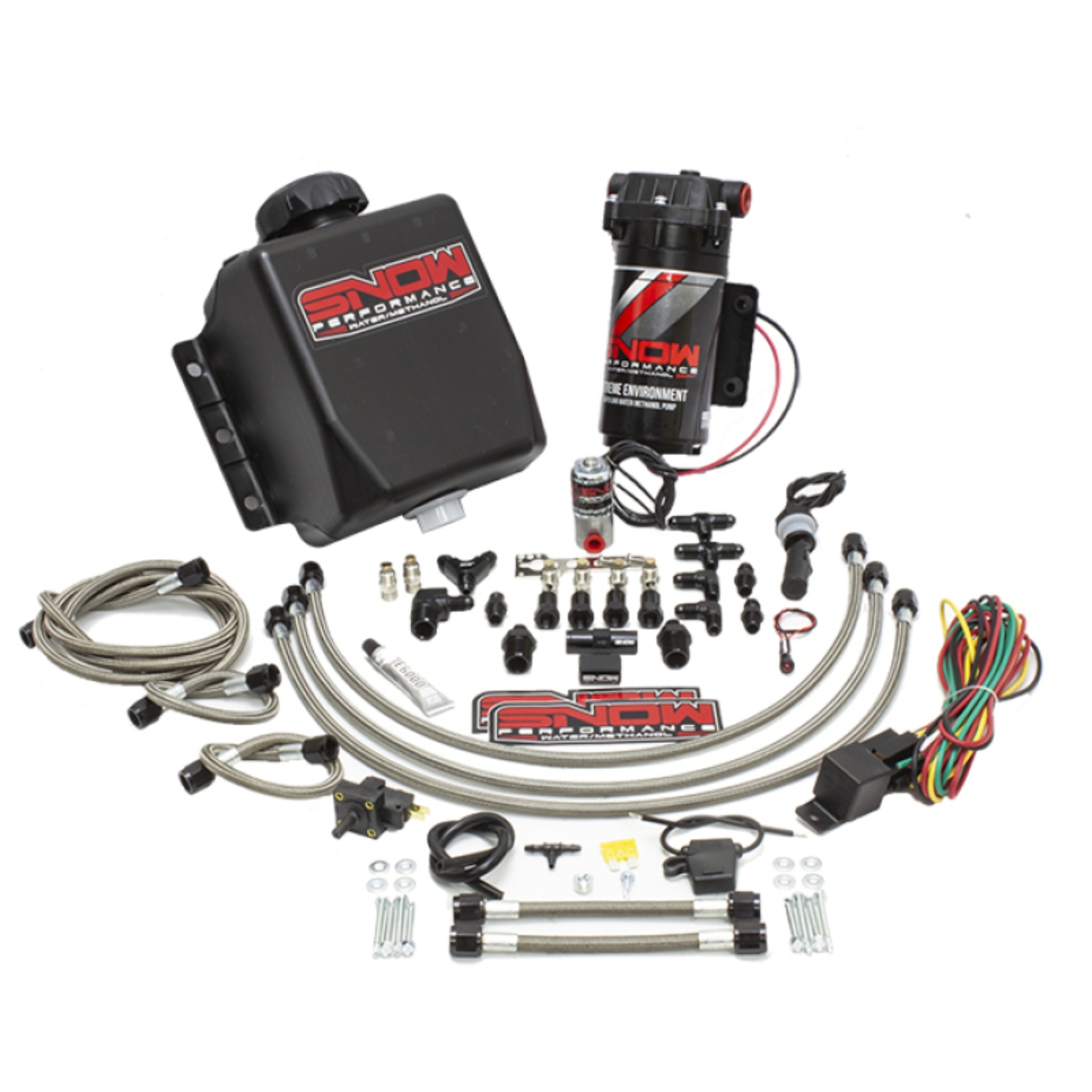 Picture of Snow Performance Stage 1 Water Injection Stainless Steel Braided Line Quad Nozzle Kit