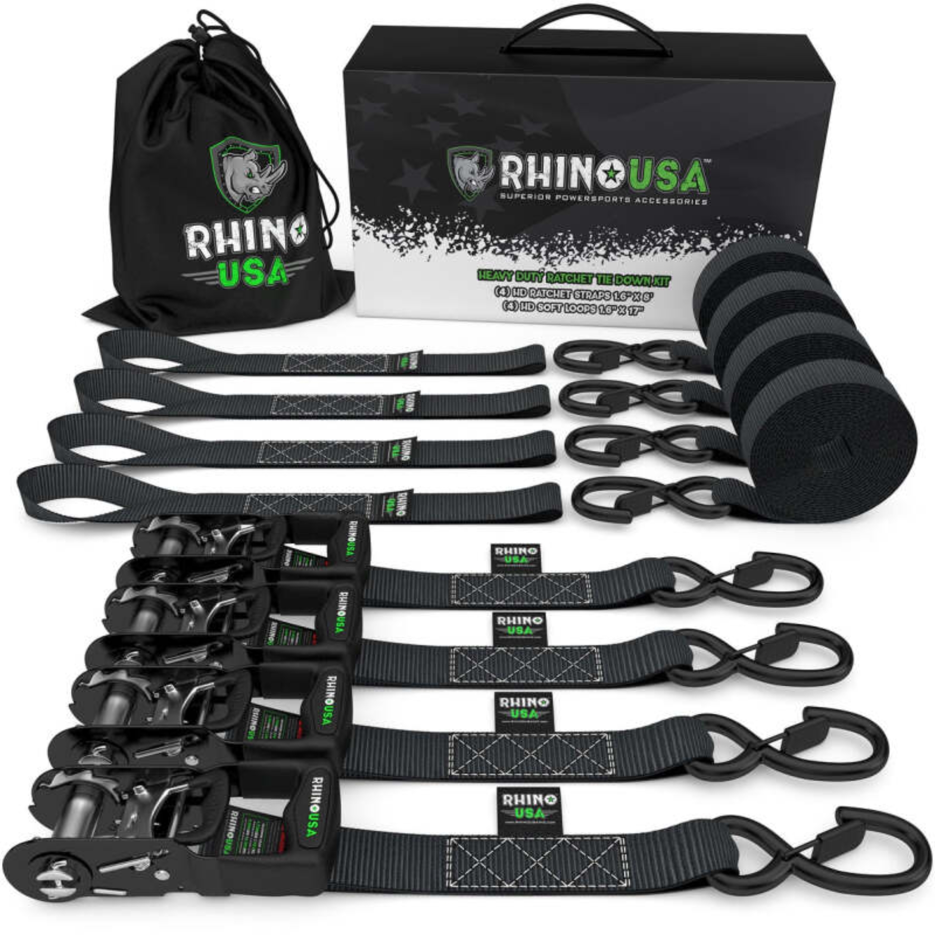 Picture of Rhino USA Heavy Duty Ratchet Tie-Down 4-Pack Black 1.6In X 15Ft