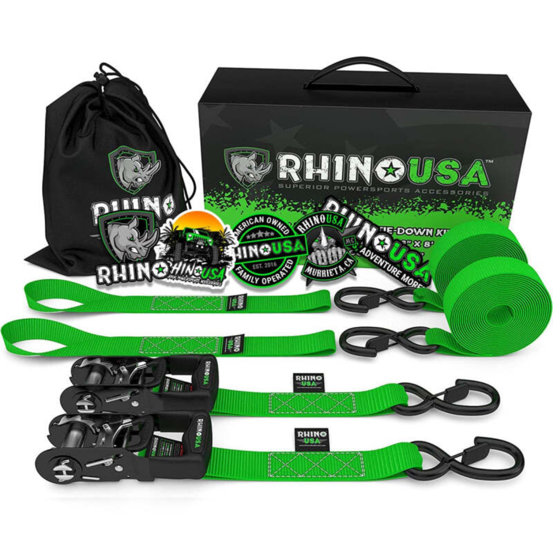 Picture of Rhino USA Heavy Duty Ratchet Tie-Downs 2-Pack (Green) 1.6In X 8Ft
