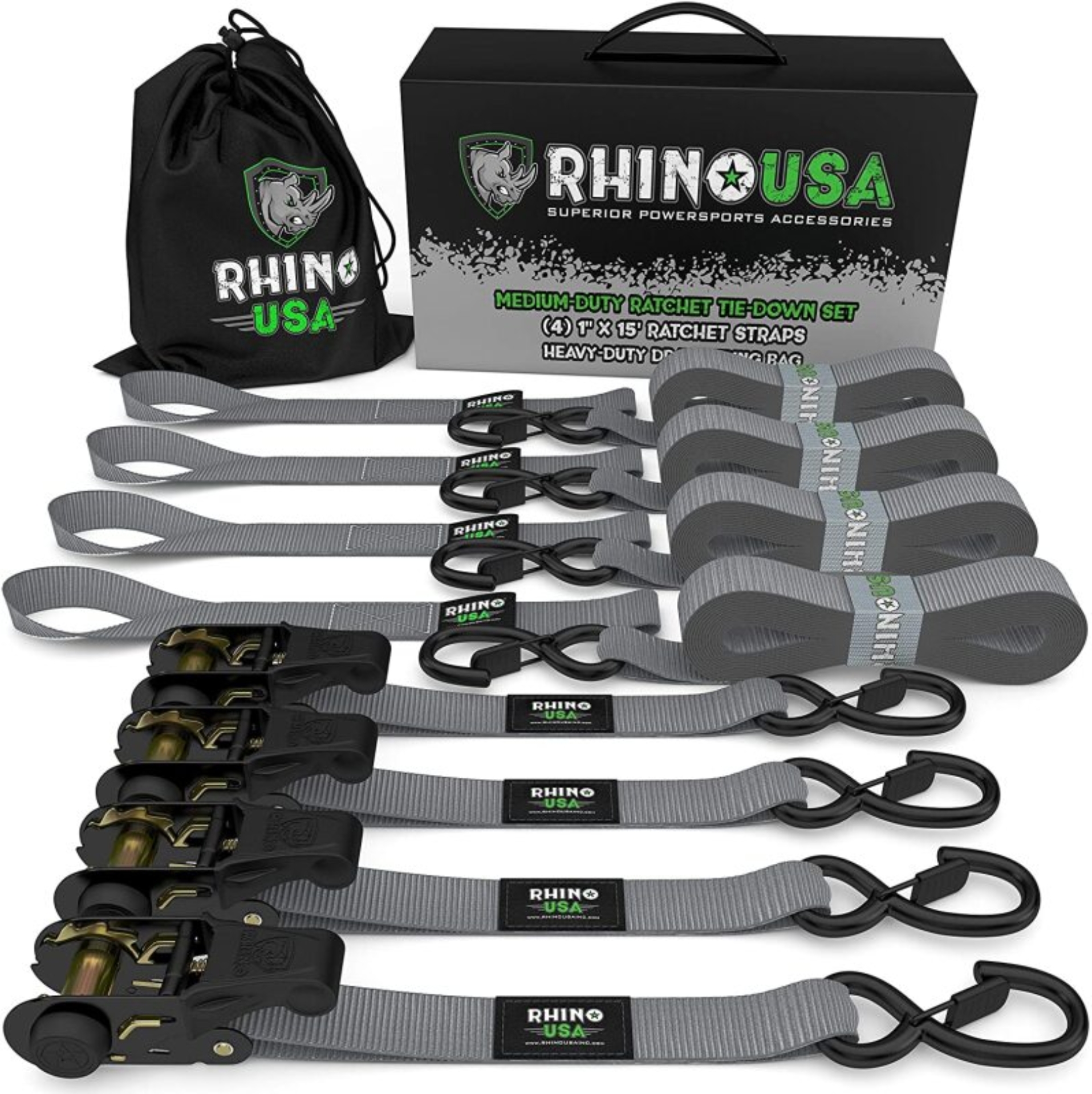 Picture of Rhino USA Medium Duty Ratchet Strap Tie-Down 4-Pack (Gray)