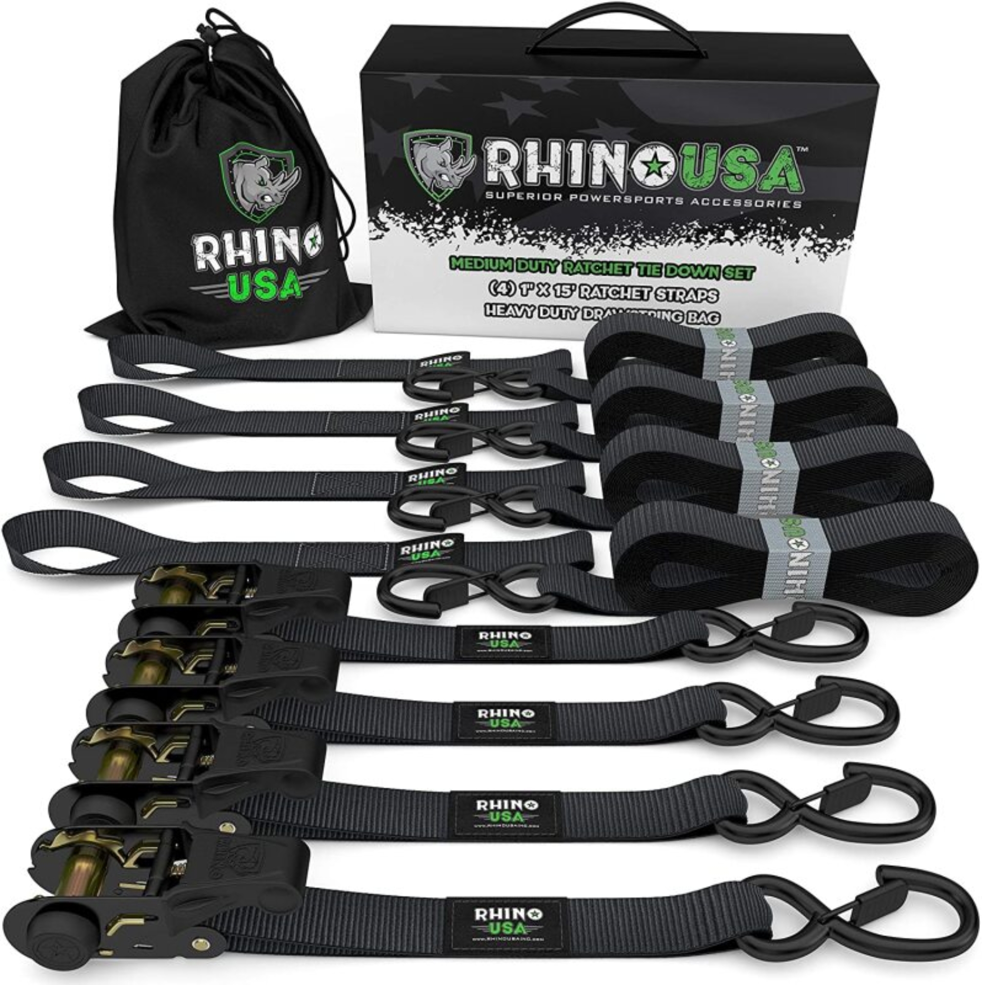 Picture of Rhino USA Medium Duty Ratchet Strap Tie-Down 4-Pack (Black)
