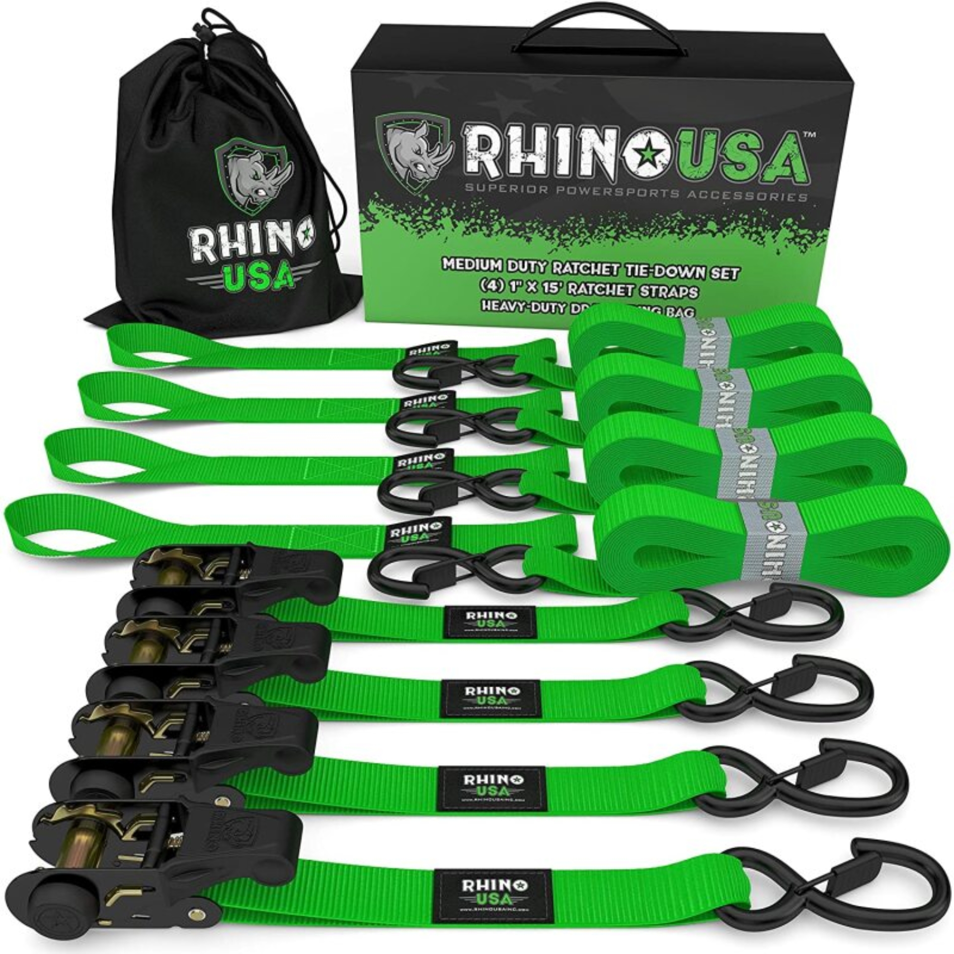 Picture of Rhino USA Medium Duty Ratchet Strap Tie-Down 4-Pack (Green)
