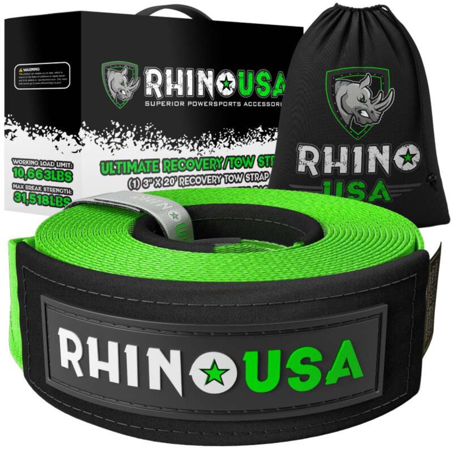 Picture of Rhino USA Recovery Tow Strap 3Inx20Ft (Green)