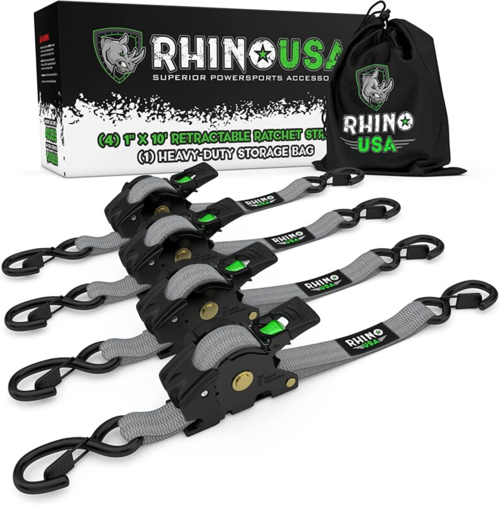 Picture of Rhino USA Retractable Ratchet Straps (4Pk 1Inx10Ft) (Gray)