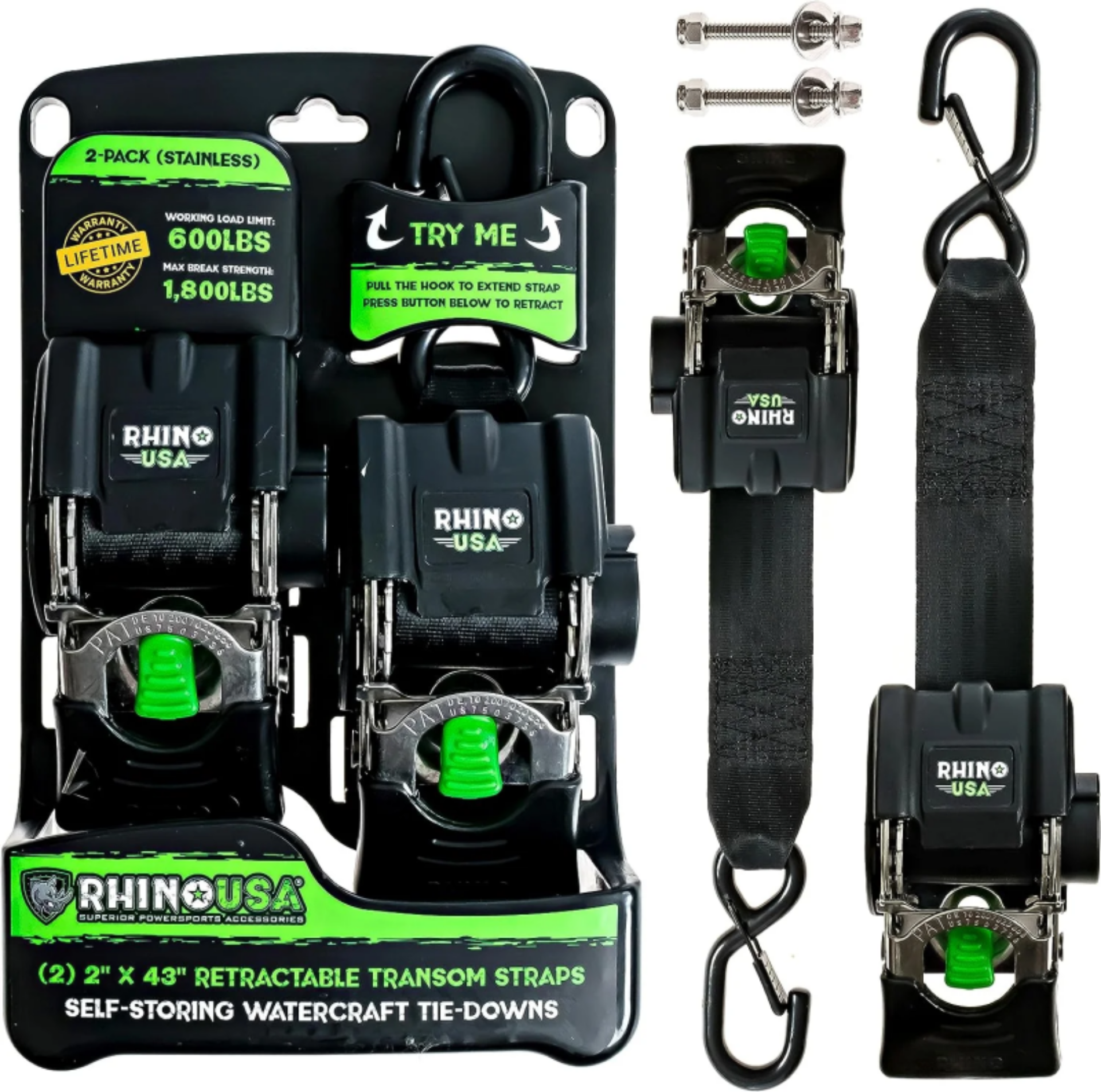 Picture of Rhino USA Retractable Transom Straps (2 Pack-Stainless)