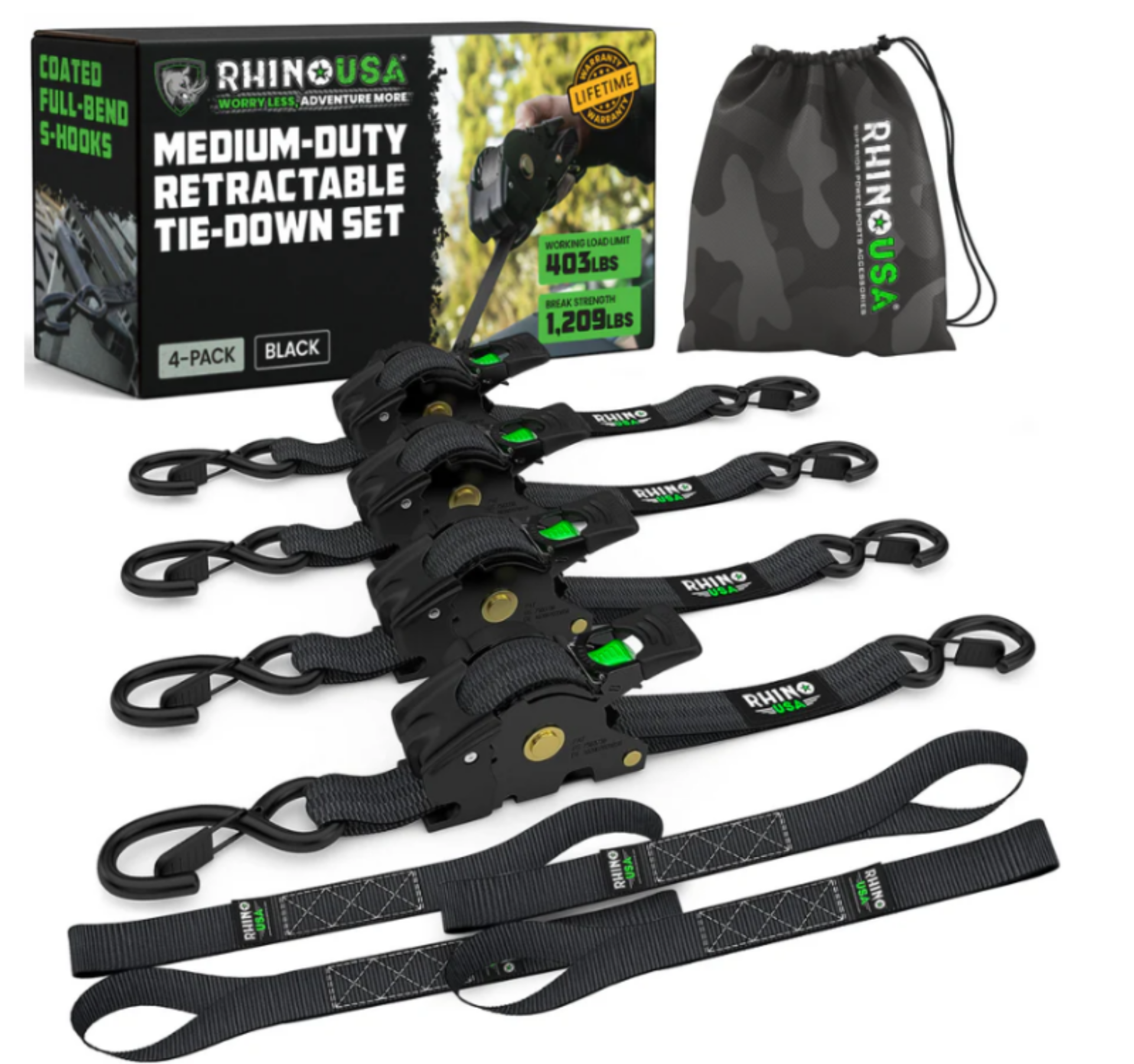 Picture of Rhino USA Retractable Ratchet Straps (4Pk 1Inx10Ft) (Black)